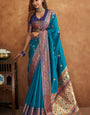 Angelic Teal Blue Soft Banarasi Silk Saree With Fairytale Blouse