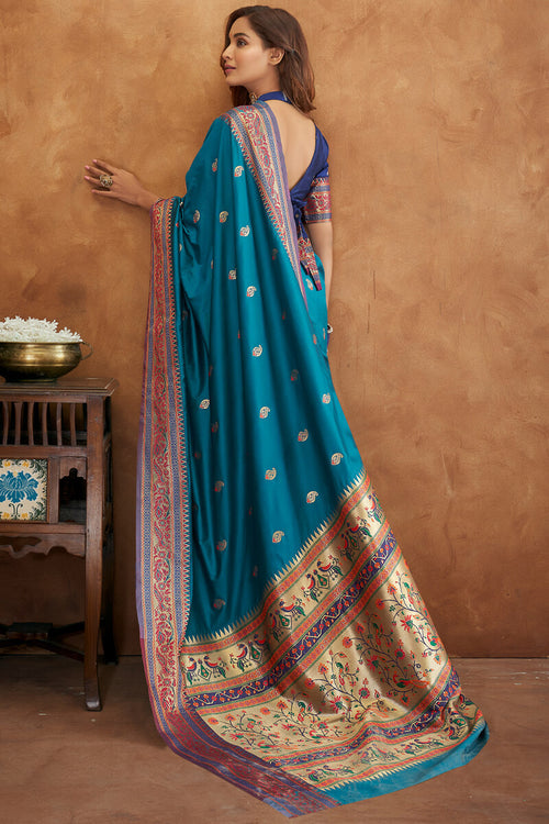 Load image into Gallery viewer, Angelic Teal Blue Soft Banarasi Silk Saree With Fairytale Blouse
