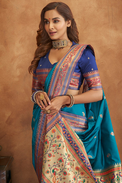 Load image into Gallery viewer, Angelic Teal Blue Soft Banarasi Silk Saree With Fairytale Blouse
