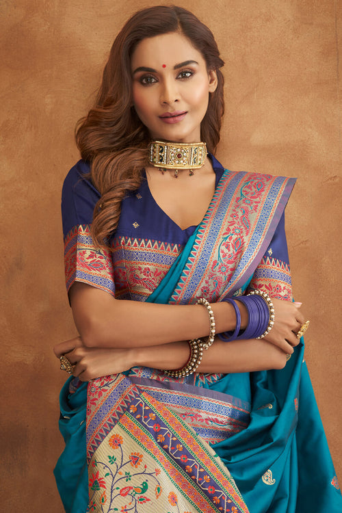 Load image into Gallery viewer, Angelic Teal Blue Soft Banarasi Silk Saree With Fairytale Blouse
