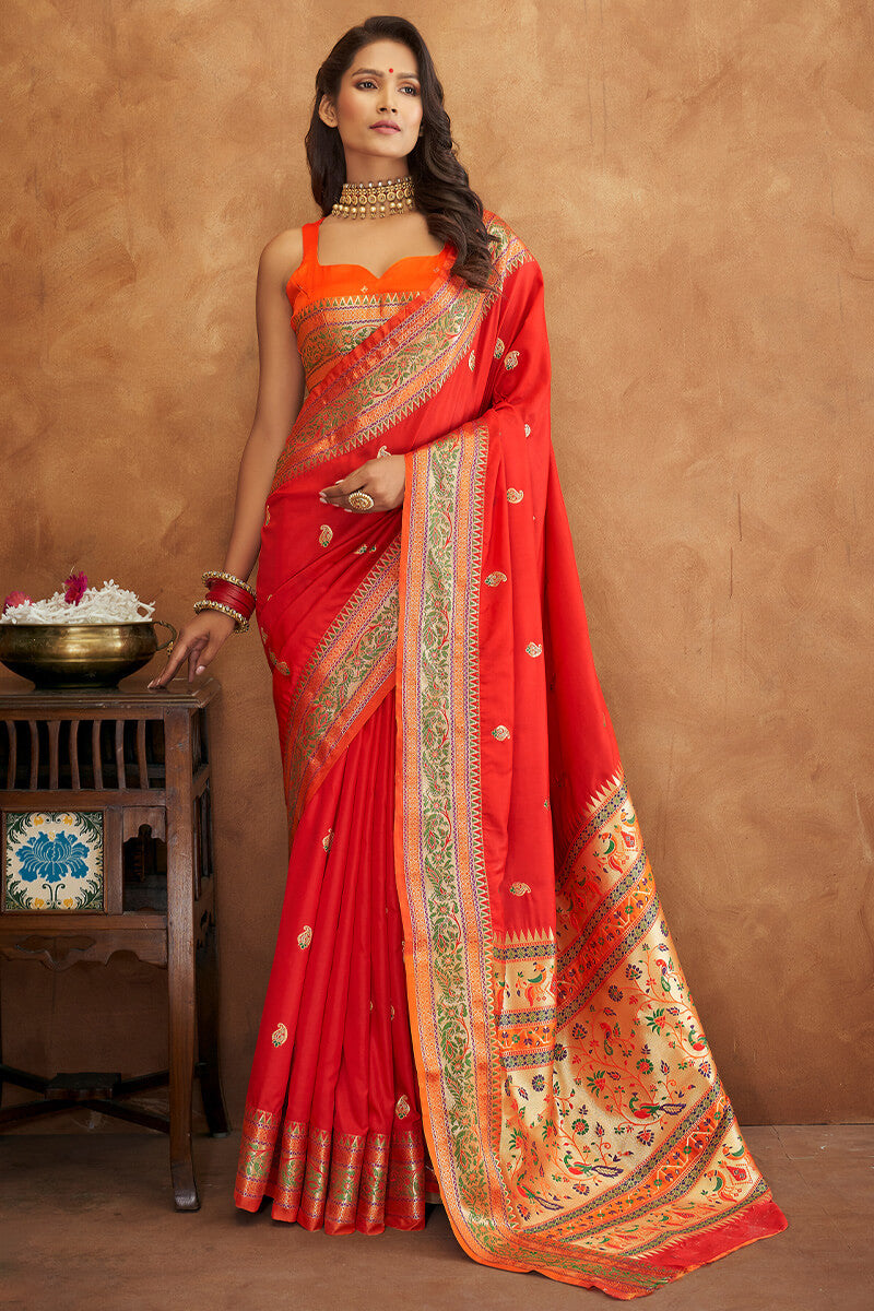 Desuetude Red Soft Banarasi Silk Saree With Imbrication Blouse