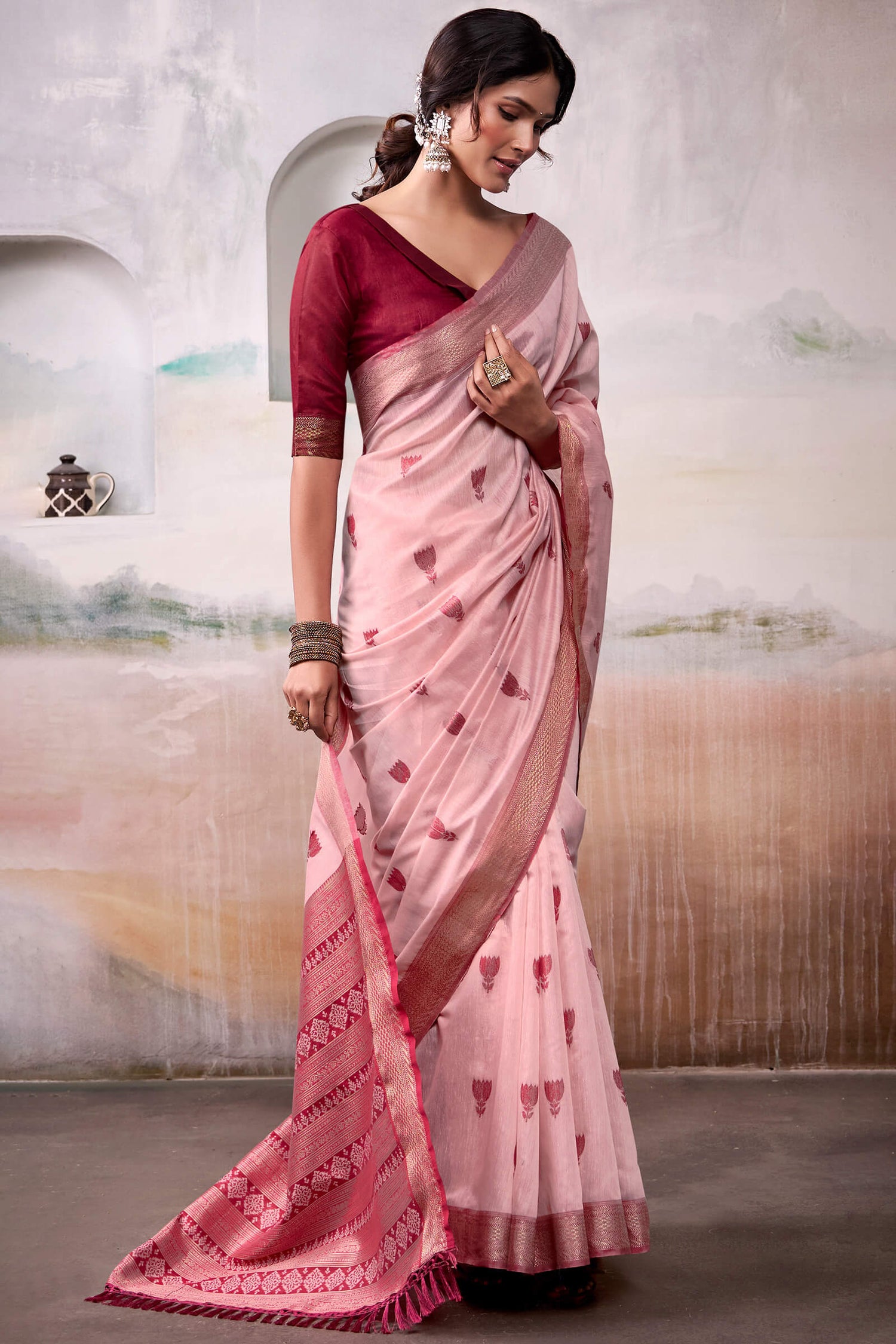 Charming Baby Pink Cotton Silk Saree With Twirling Blouse Piece