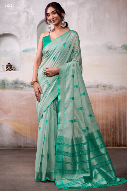 Ravishing Sea Green Cotton Silk Saree With Piquant Blouse Piece