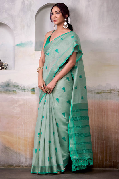 Ravishing Sea Green Cotton Silk Saree With Piquant Blouse Piece