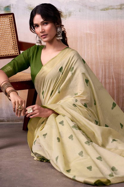 Vivacious Beige Cotton Silk Saree With Majesty Blouse Piece