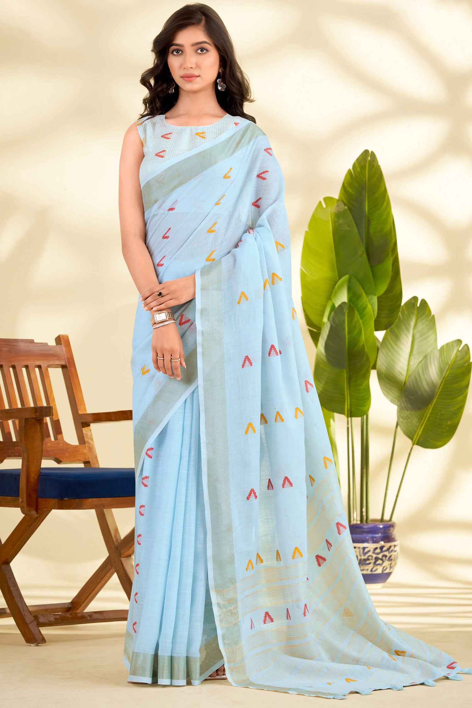 Quintessential Sky Cotton Silk Saree With Nectarous Blouse Piece