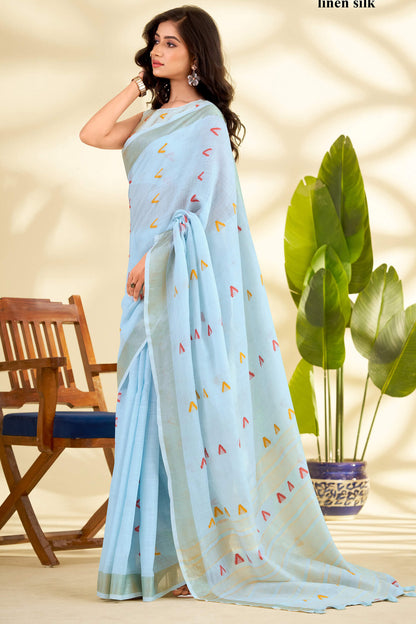Quintessential Sky Cotton Silk Saree With Nectarous Blouse Piece