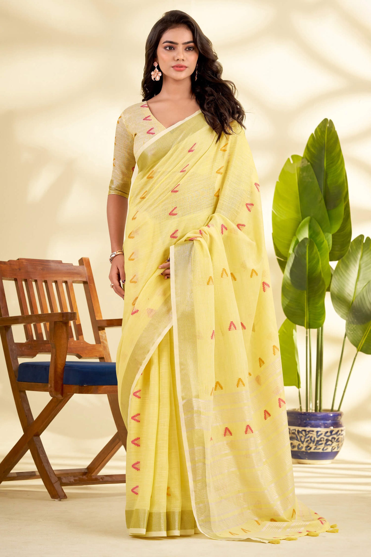 Stunning Yellow Cotton Silk Saree With Most Stunning Blouse Piece