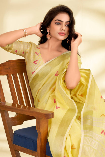 Stunning Yellow Cotton Silk Saree With Most Stunning Blouse Piece