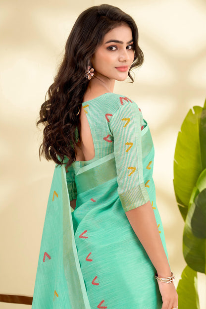 Majestic Turquoise Cotton Silk Saree With Breathtaking Blouse Piece