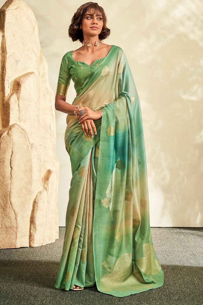 Outstanding Green Soft Banarasi Silk Saree With Desiring Blouse Piece