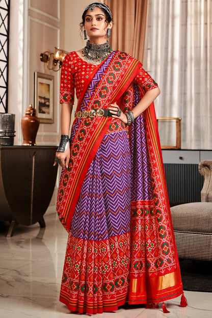 Pleasant Purple Patola Silk Saree with Classic Blouse Piece