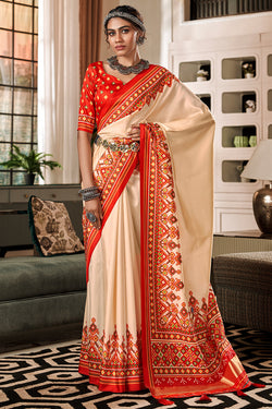 Divine Beige Patola Silk Saree with Conflate Blouse Piece