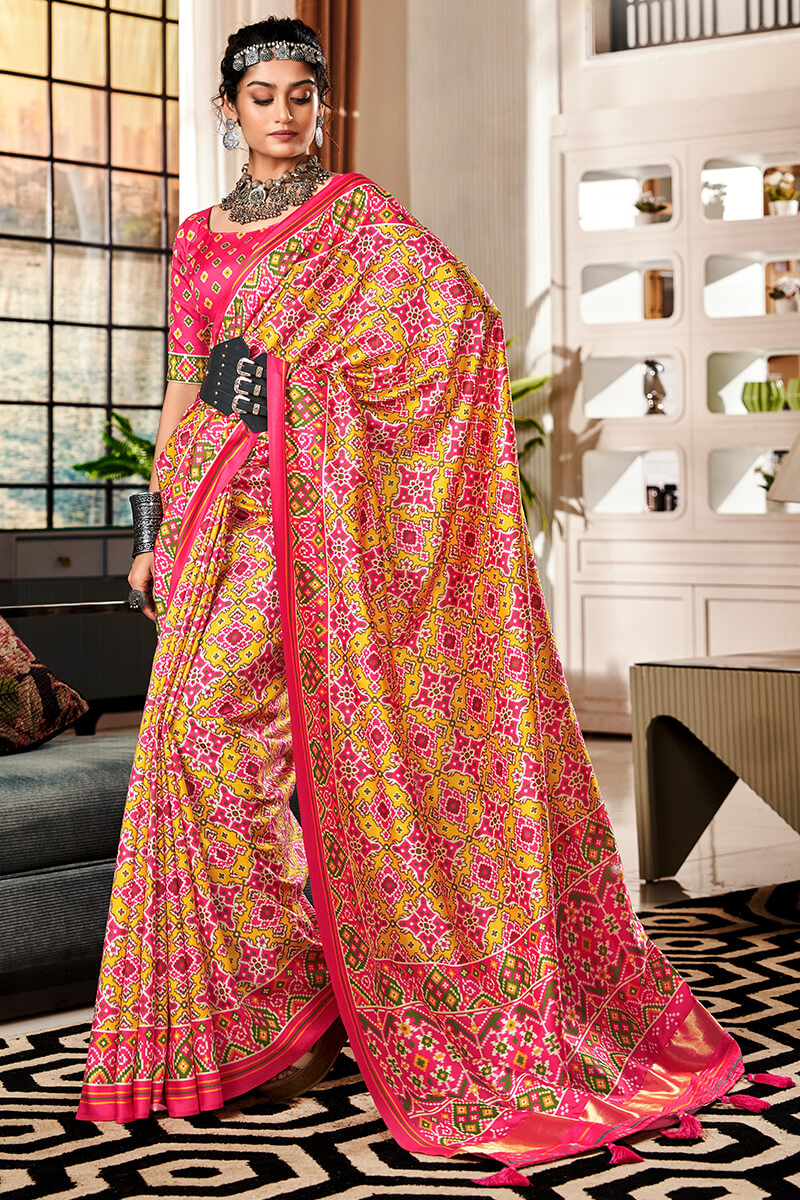 Scintilla Yellow and Pink Patola Silk Saree with Devastating Blouse Piece