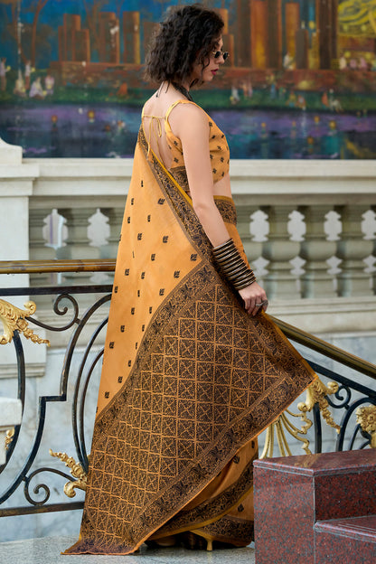 Girlish Orange Cotton Silk Saree With Winsome Blouse Piece