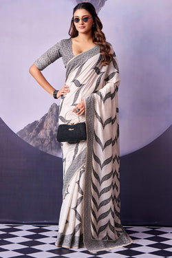 Adorning White and Black Cotton Silk Saree With Sensational Blouse Piece