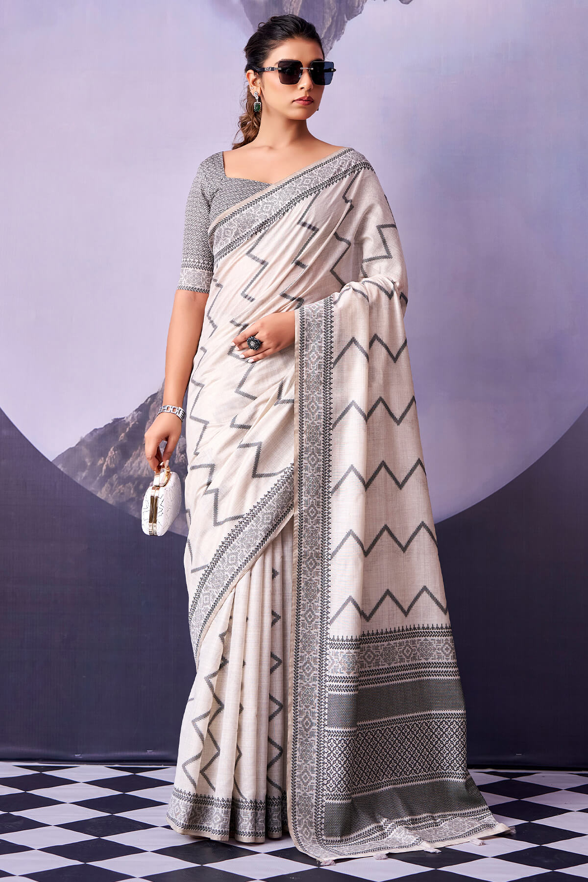Ebullience White and Black Cotton Silk Saree With Scrupulous Blouse Piece