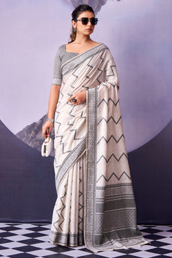 Ebullience White and Black Cotton Silk Saree With Scrupulous Blouse Piece
