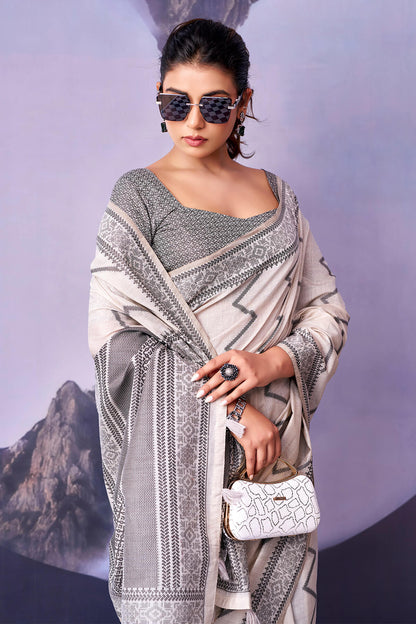 Ebullience White and Black Cotton Silk Saree With Scrupulous Blouse Piece