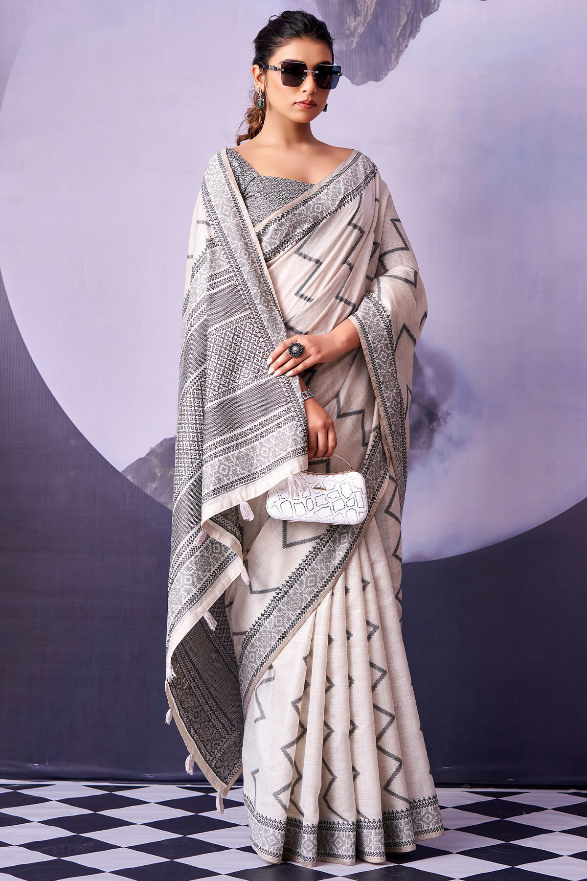 Ebullience White and Black Cotton Silk Saree With Scrupulous Blouse Piece