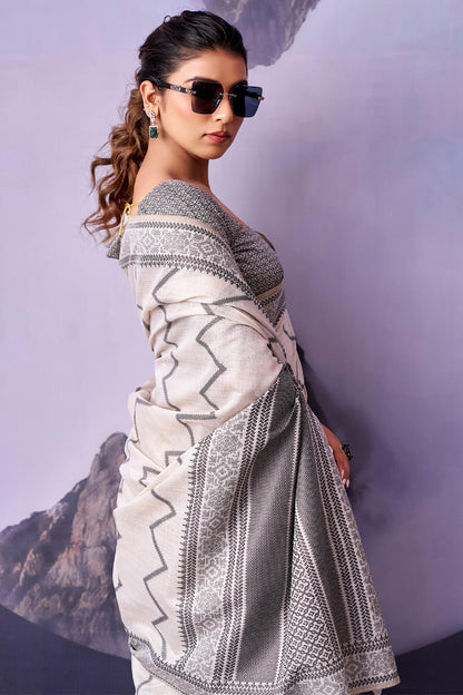 Ebullience White and Black Cotton Silk Saree With Scrupulous Blouse Piece