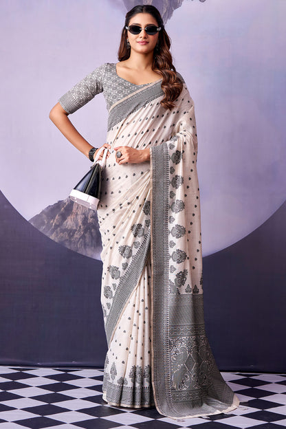Flattering White and Black Cotton Silk Saree With Divine Blouse Piece
