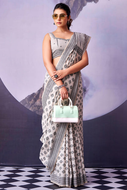 Designer White and Black Cotton Silk Saree With Charismatic Blouse Piece