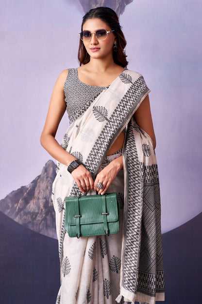 Captivating White and Black Cotton Silk Saree With Ravishing Blouse Piece