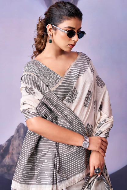 Amazing White and Black Cotton Silk Saree With Lassitude Blouse Piece