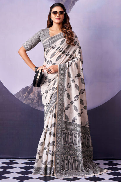 Ornate White and Black Cotton Silk Saree With Lagniappe Blouse Piece