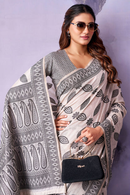 Ornate White and Black Cotton Silk Saree With Lagniappe Blouse Piece
