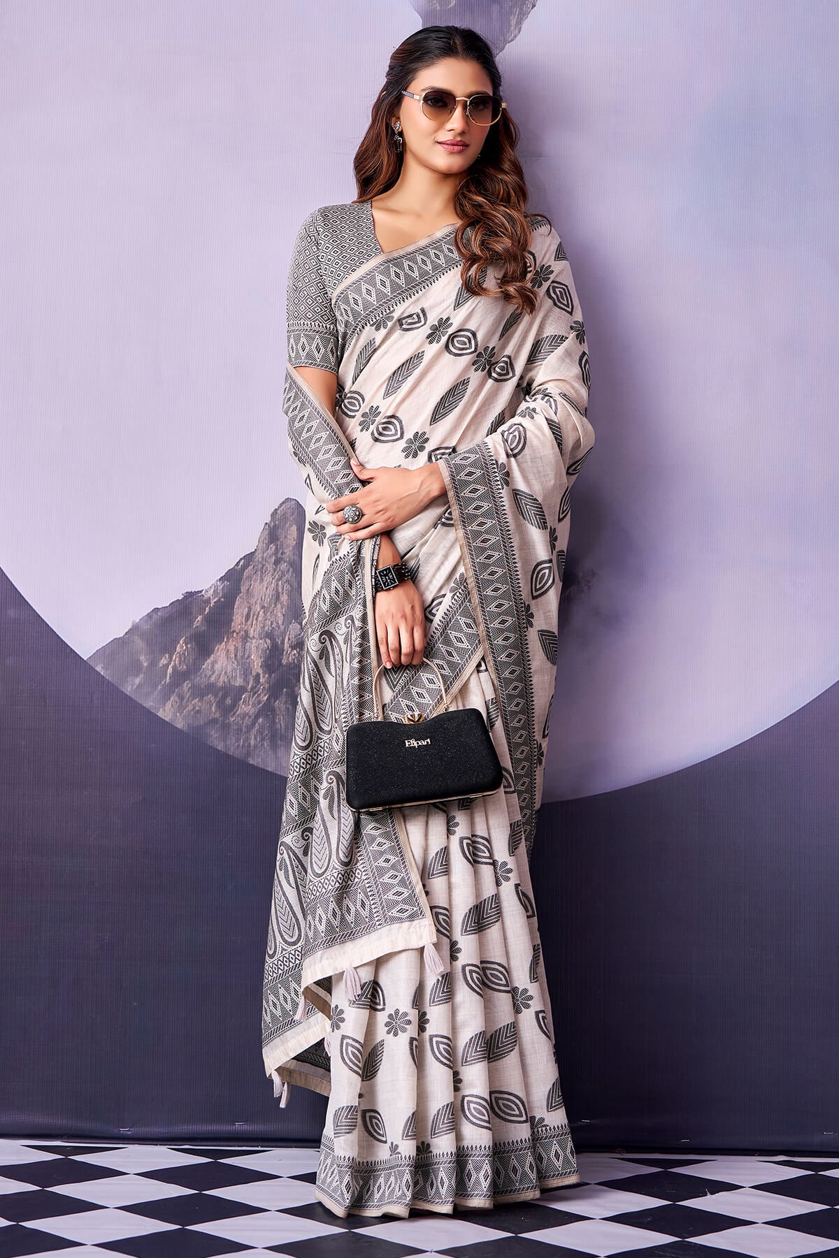 Ornate White and Black Cotton Silk Saree With Lagniappe Blouse Piece