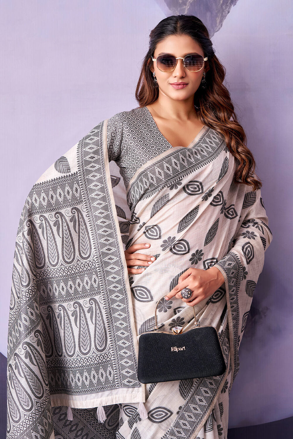 Ornate White and Black Cotton Silk Saree With Lagniappe Blouse Piece