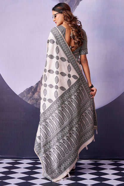 Ornate White and Black Cotton Silk Saree With Lagniappe Blouse Piece