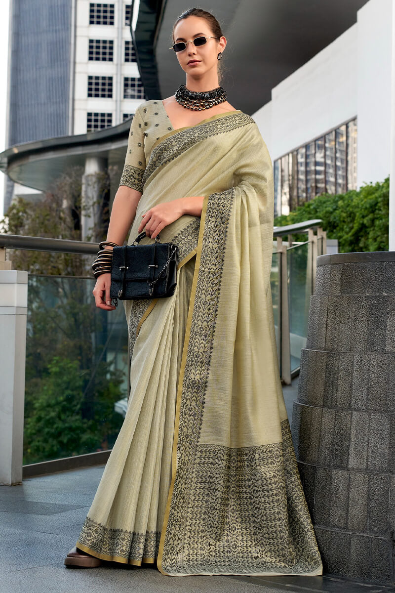Prominent Beige Cotton Silk Saree With Twirling Blouse Piece