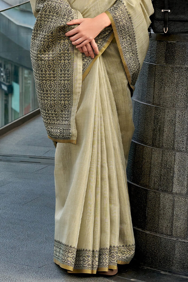 Prominent Beige Cotton Silk Saree With Twirling Blouse Piece