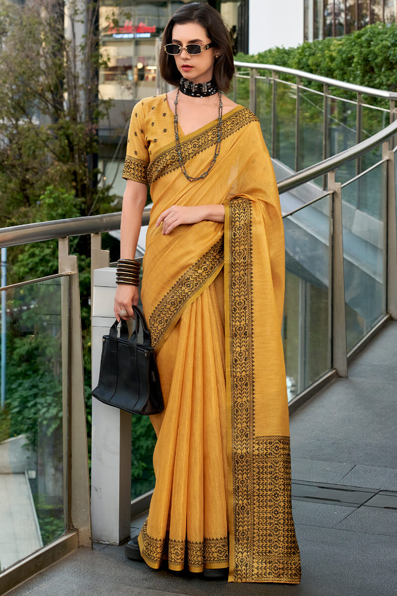 Captivating Yellow Cotton Silk Saree With Adoring Blouse Piece