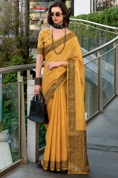 Captivating Yellow Cotton Silk Saree With Adoring Blouse Piece