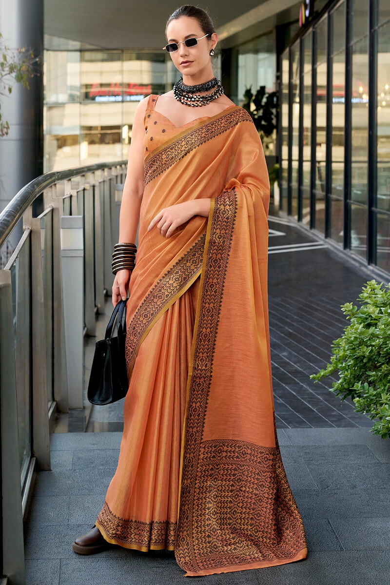Preferable Orange Cotton Silk Saree With Epiphany Blouse Piece