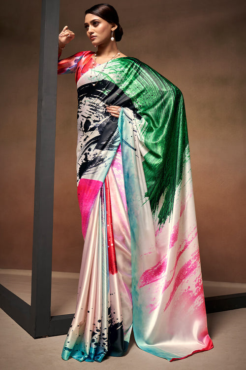 Load image into Gallery viewer, Confounding Beige Digital Printed Satin Silk Saree With Sempiternal Blouse Piece
