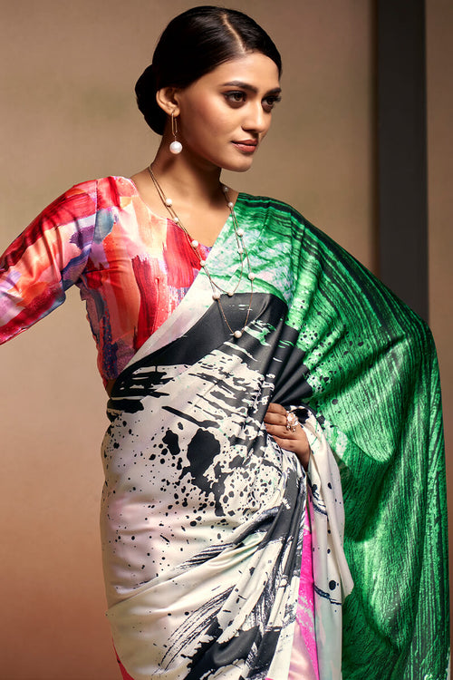 Load image into Gallery viewer, Confounding Beige Digital Printed Satin Silk Saree With Sempiternal Blouse Piece
