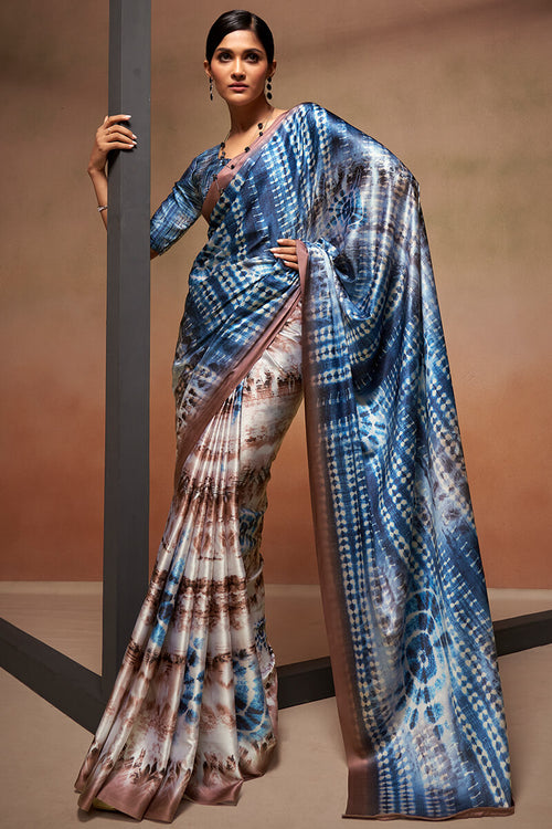 Load image into Gallery viewer, Lassitude Brown and Blue Digital Printed Satin Silk Saree With Efflorescence Blouse Piece
