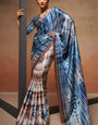 Lassitude Brown and Blue Digital Printed Satin Silk Saree With Efflorescence Blouse Piece