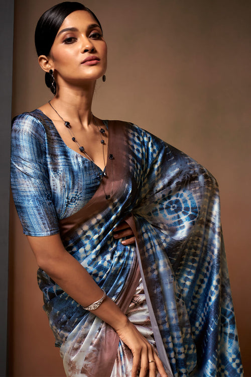 Load image into Gallery viewer, Lassitude Brown and Blue Digital Printed Satin Silk Saree With Efflorescence Blouse Piece
