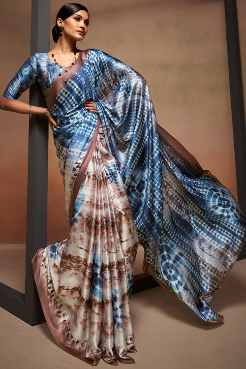 Load image into Gallery viewer, Lassitude Brown and Blue Digital Printed Satin Silk Saree With Efflorescence Blouse Piece
