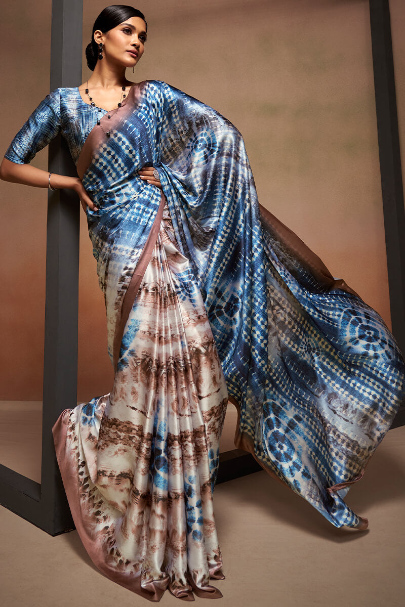 Lassitude Brown and Blue Digital Printed Satin Silk Saree With Efflorescence Blouse Piece