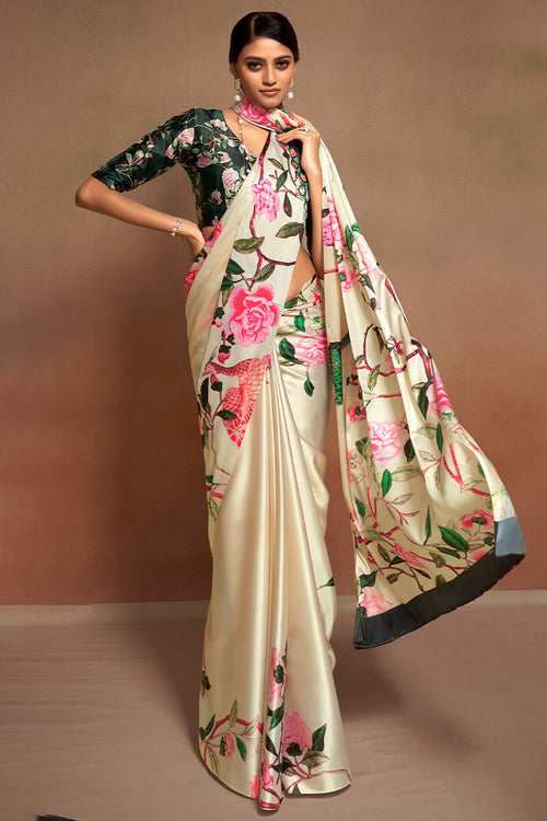 Load image into Gallery viewer, Conflate Beige Digital Printed Satin Silk Saree With Beauteous Blouse Piece
