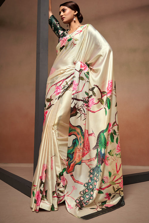 Load image into Gallery viewer, Conflate Beige Digital Printed Satin Silk Saree With Beauteous Blouse Piece
