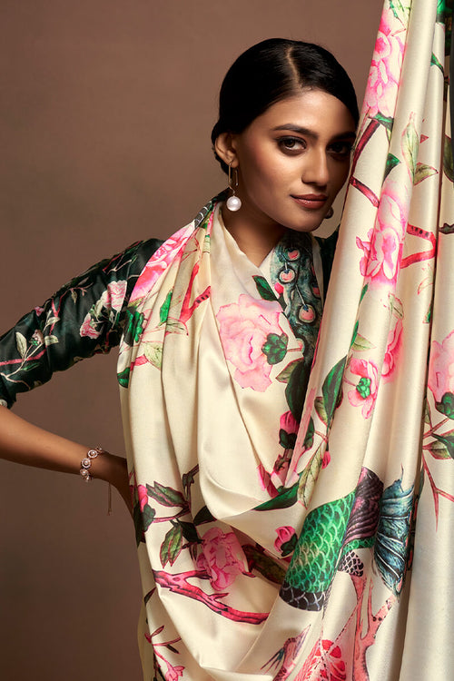 Load image into Gallery viewer, Conflate Beige Digital Printed Satin Silk Saree With Beauteous Blouse Piece
