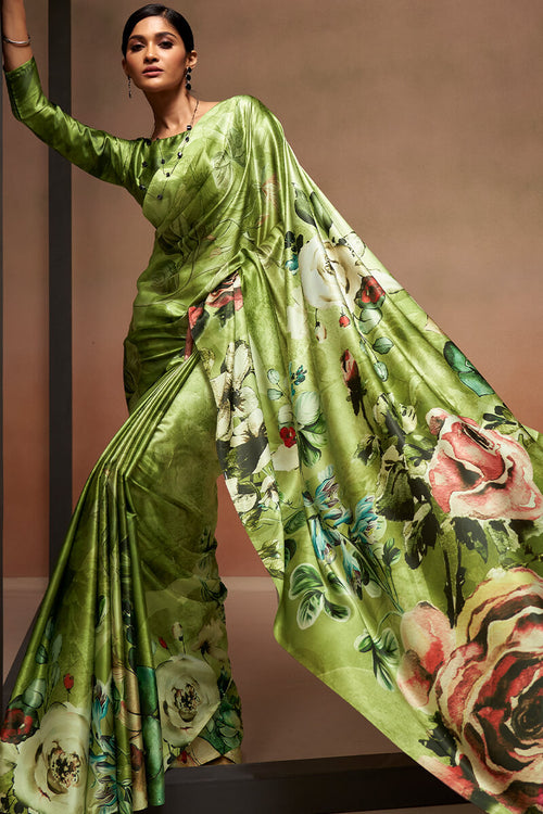 Load image into Gallery viewer, Exquisite Green Digital Printed Satin Silk Saree With Bucolic Blouse Piece
